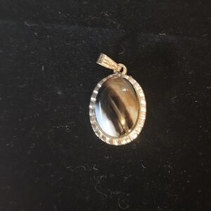 Tiger’s Eye Oval Pendant | Polished Natural Stone | Silver-Tone Bezel | Vintage-